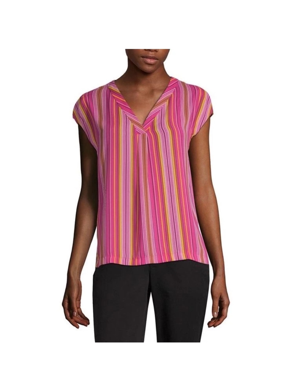 Worthington Pink Multi-Stripe V-Neck Cap Sleeve Blouse